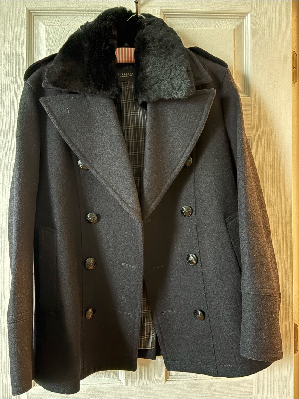 Burberry Black Double-Breasted Wool Peacoat with Faux Fur Collar
